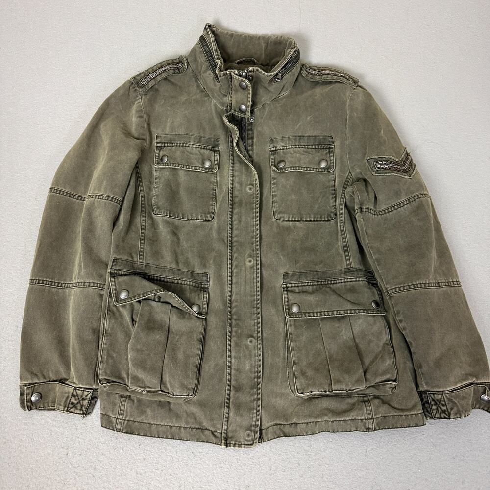 G.H. Bass & Co Olive Utility Field Jacket Beaded Trim Cotton XL Military